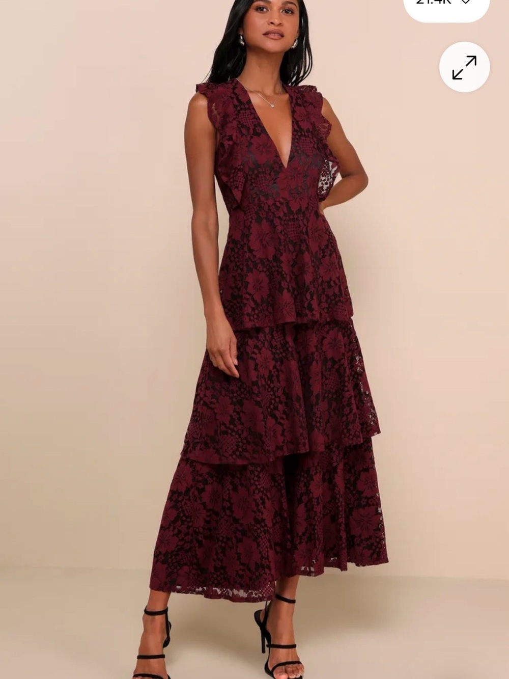 Lulus Molinetto Burgundy Lace Ruffled Tiered Sleeveless Maxi Dress